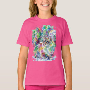 Camiseta Arco-íris Caprichoso de Aquarela Gato Fofo no Inve