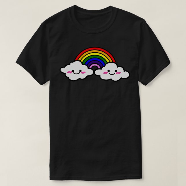 Camiseta Arco-Íris Clássico Kawaii com Nuvens (Frente do Design)