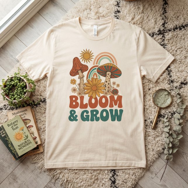 Camiseta Arco-íris Cogumelo Retro Boho Bloom & Gro (Criador carregado)