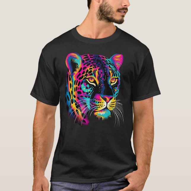 Camiseta Arco-Íris Colorido Jaguar Grande Impressão Graphi (Frente)