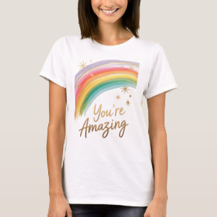 Camiseta Arco-íris com Brilho Dourado e Texto "Você é Incrí
