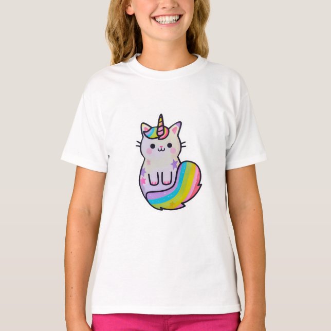 Camiseta Arco-íris de unicórnio de gato bonito (Frente)