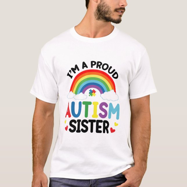 Camiseta Arco-íris Eu Sou Uma Irmã Orgulhosa do Autismo Con (Frente)