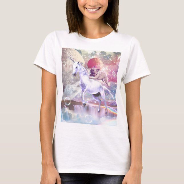 Camiseta Arco-íris galáxia cavalgando unicórnio no espaço. (Frente)
