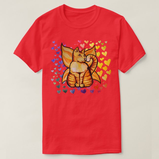 Camiseta Arco-Íris Gato Fada Amor Corações Bonitos (Frente do Design)