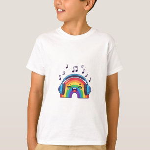 Camiseta Arco-íris Kawaii Musical Usando Fones de Ouvido Cr