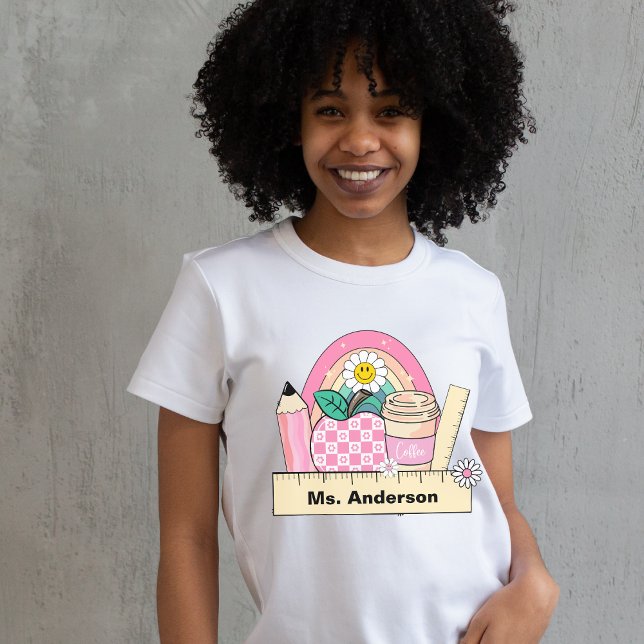 Camiseta Arco-íris Maçã com Nome de Professor Pers (Custom Teacher Name Rainbow Apple T-shirt
)
