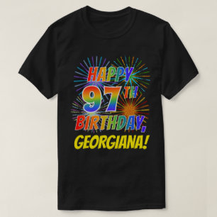 Camiseta Arco-Íris parece FELIZ 97º ANIVERSÁRIO; Fogos de a