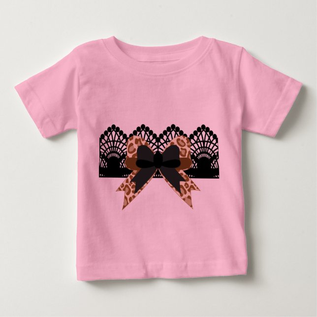 Camiseta Arco-leopardo-marrom e Tutu rosa-rosa-rendas preto (Frente)