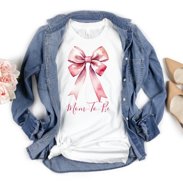 Camiseta Arco Rosa Coquette Mãe Para Ser (Pink Bow Mom To Be or Mom of Girls T-shirt)