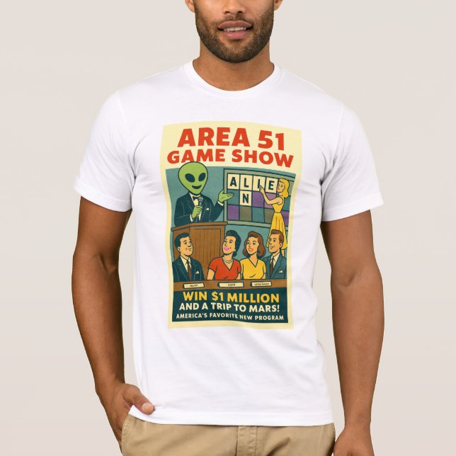 Camiseta Área 51 Game Show Roswell Aliens da década de 1950 (Frente)