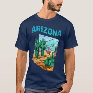 Camiseta Arizona State Map Shape with Cactus Flower Desert 
