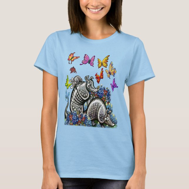 Camiseta Armadillos Bluebonnets Borboletas Flores selvagens (Frente)