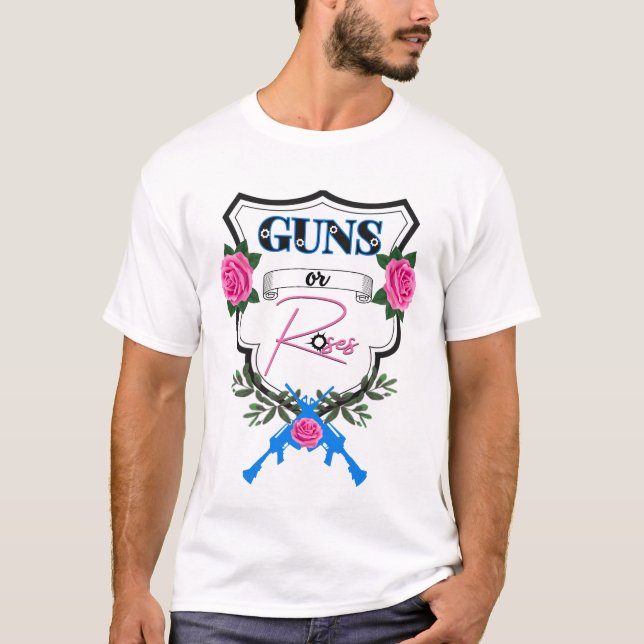 Camiseta Armas ou Rosas Sexo Revelar Chá de fraldas Rosa/Az (Frente)