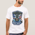 Camiseta Army Nurse Service And Sacrifice<br><div class="desc">Honor the bravery of our military medical heroes with this patriotic Army Nurse design. Featuring an American flag shield,  caduceus,  and a medic cap,  it celebrates their incredible service and sacrifice. Perfect for customizing with your own text!</div>