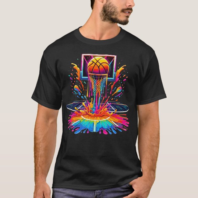 Camiseta Aro de Basquete com Efeito de Cores Gotejando (Frente)