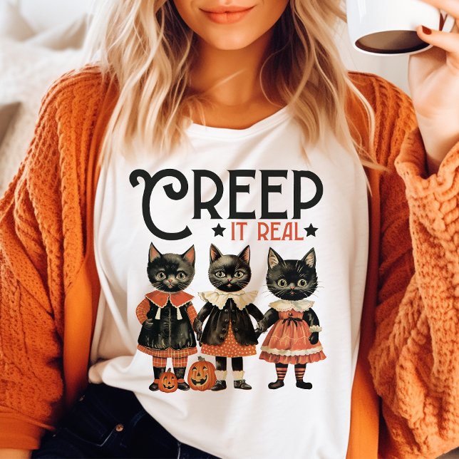 Camiseta Arraste-se de Verdade Gato Preto Vintage Halloween (Criador carregado)
