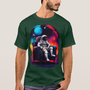 Camiseta arrepio colorida do astronauta num sofá no espaço