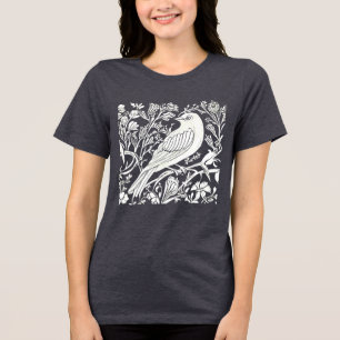 Camiseta Art Nouveau Bird em uma ramificação com flores em