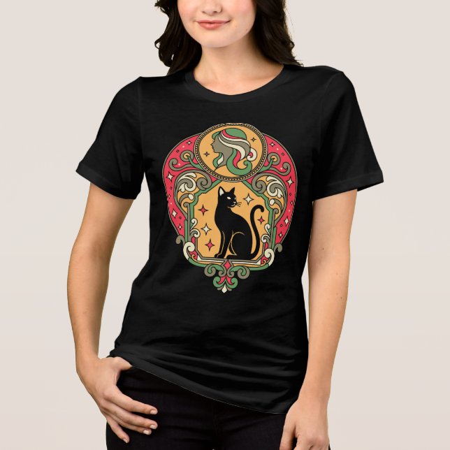 Camiseta Art Nouveau Black Cat Design (Frente)