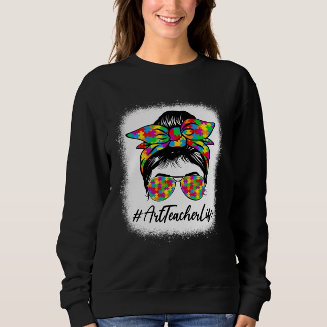 Camiseta Art Teacher Messy Bun Supporting Autism Awareness  (Frente)