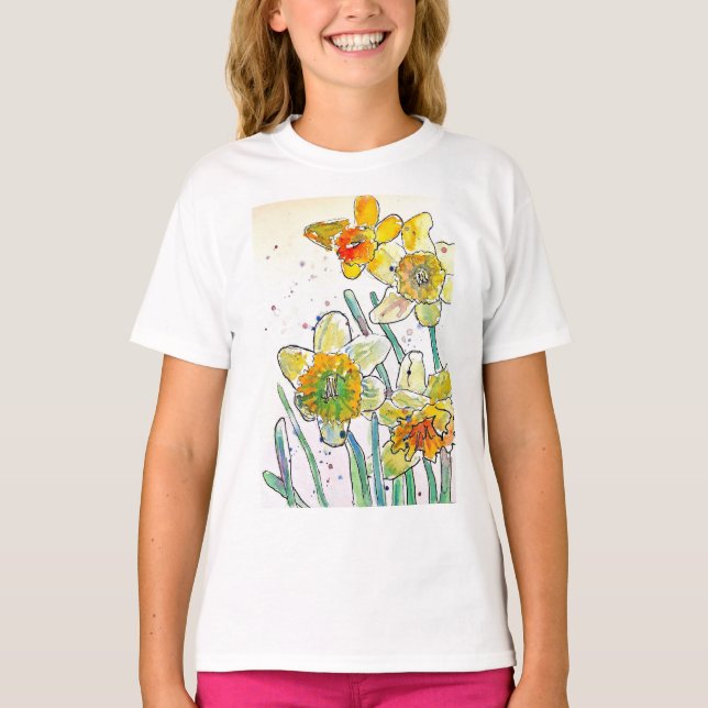 Camiseta Arte a aquarela amarela Daffodil Girls T Shirt (Frente)