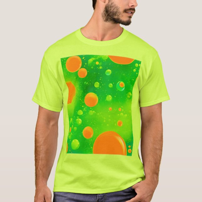 Camiseta Arte Abstrata de Bolhas Laranja e Verde (Frente)