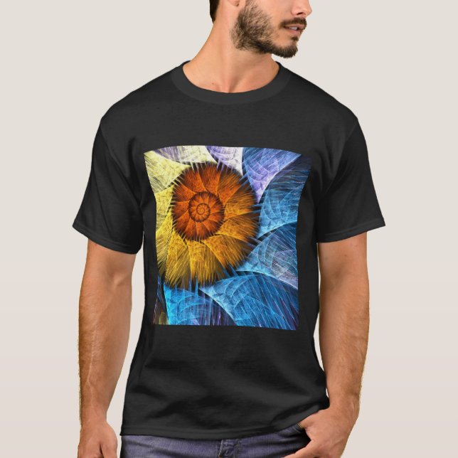 Camiseta Arte abstrata laranja amarelo azul floral (Frente)