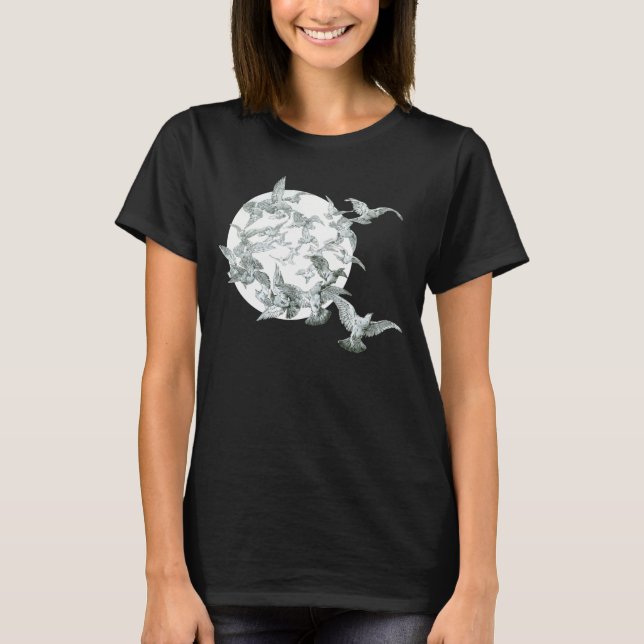 Camiseta Arte Antiga Arte Nova Rebanho de Pássaros com Lua  (Frente)