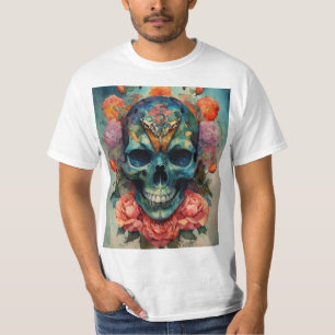 Camiseta Arte aquosa com crânios, mariposas e matizes negro