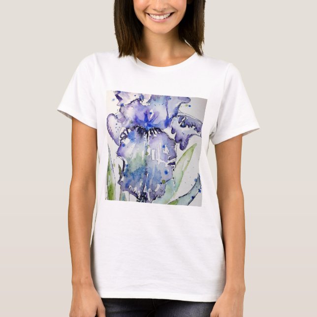 Camiseta Arte Azul Iris Flor Aquarela (Frente)