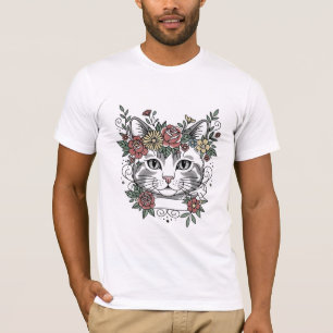 Camiseta Arte Botânico de Gato Tabby Floral Cinza Vintage