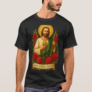 Camiseta Arte Católica de São Judas Tadeu com Rosas Vermelh