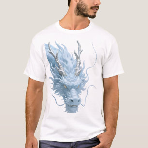 Camiseta Arte Chinesa do Dragão Azul Claro com Design de Fa