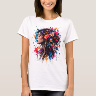 Camiseta Arte Colorida de Mulher Floral em Aquarela