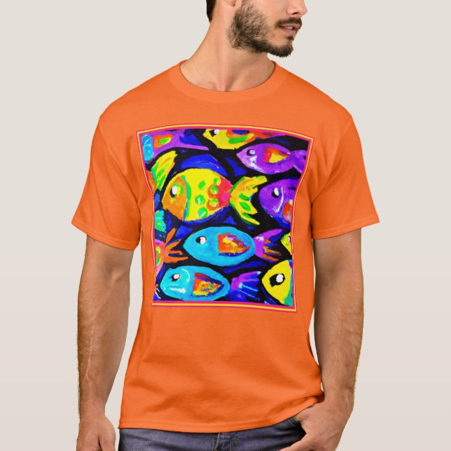 Camiseta Arte Colorida de Padrões de Peixes (Frente)
