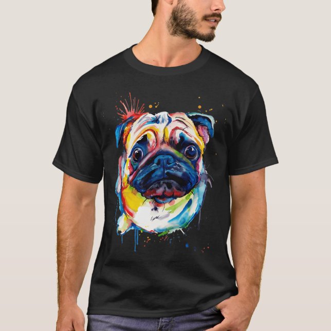 Camiseta Arte Colorida do Cão Pug (Frente)