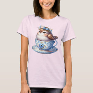 Camiseta Arte Cottagecore de Pássaro Fofo em Xícara de Chá