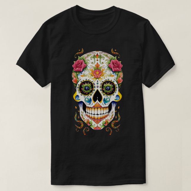 Camiseta Arte Crânio do Açúcar - Festivo com Rosas Rosa (Frente do Design)