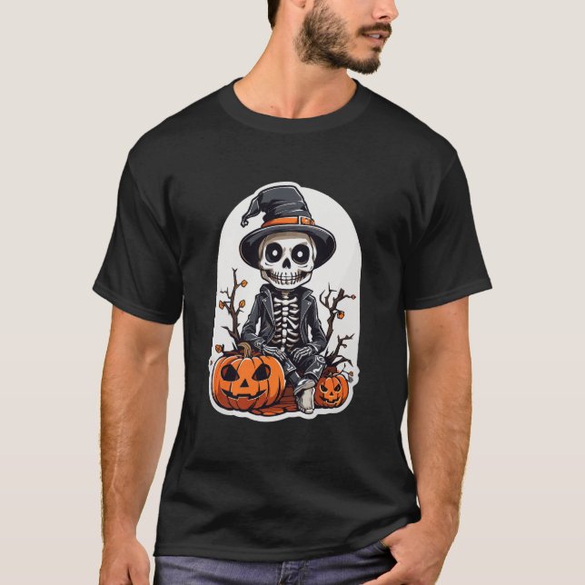 Camiseta Arte da Bruxa de Pumpkin Skeleton (Frente)