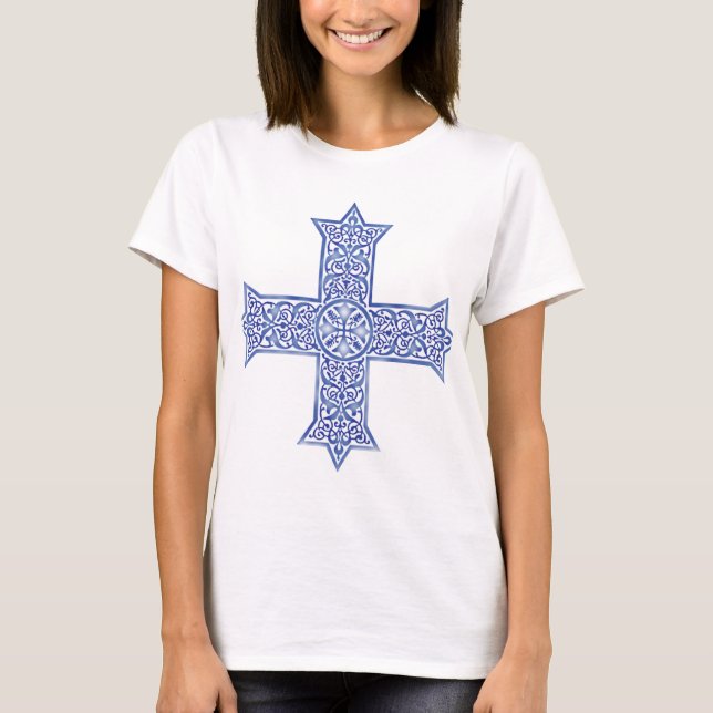 Camiseta Arte da Cruz Copta Azul Lapis Premium (Frente)
