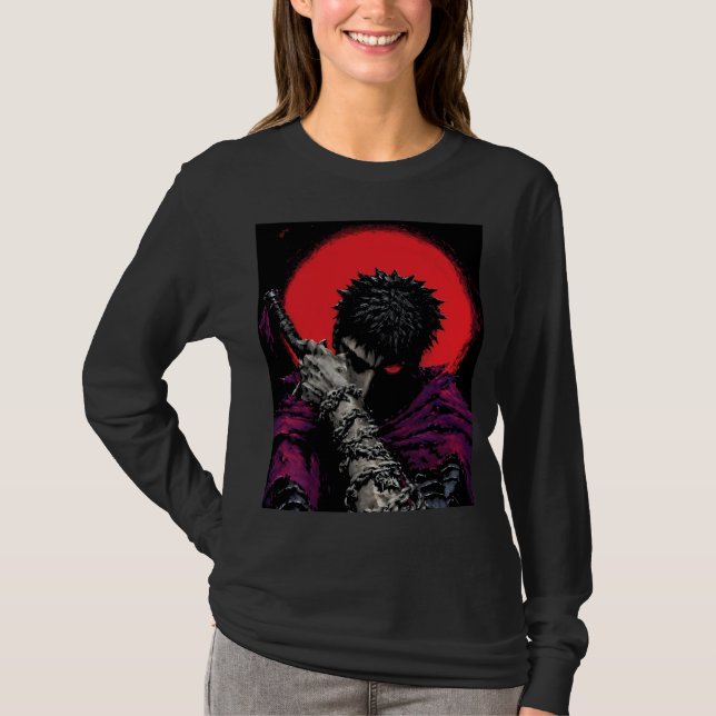 Camiseta Arte da Espada da Lua Vermelha do Guerreiro Anime  (Frente)