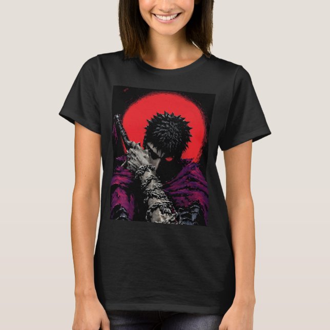 Camiseta Arte da Espada da Lua Vermelha do Guerreiro Anime  (Frente)