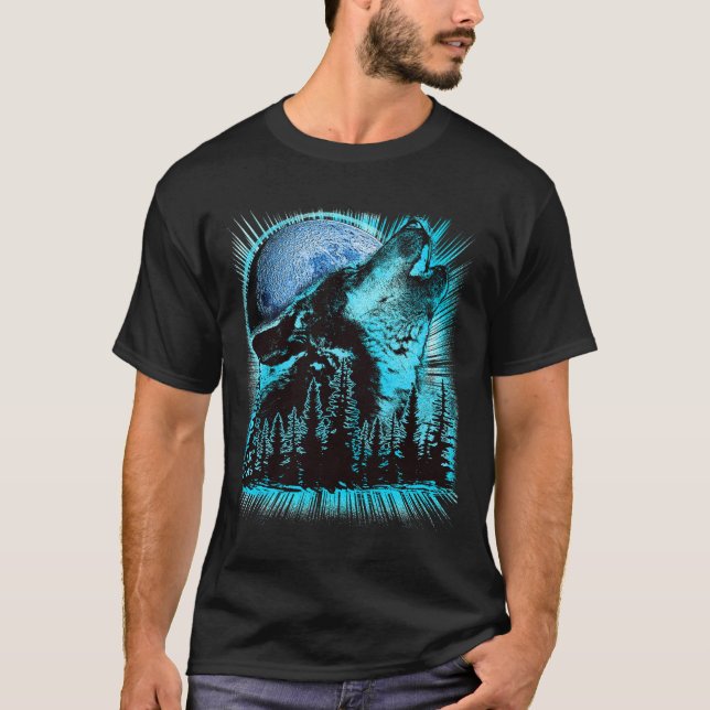 Camiseta Arte da Floresta de Pinheiros da Lua do Lobo Uivan (Frente)