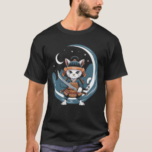 Camiseta Arte da Lua Cheia do Guerreiro Gato Samurai