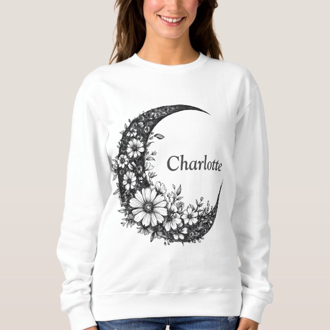 Camiseta Arte da Lua e Flores com Nome Personalizável (Frente)