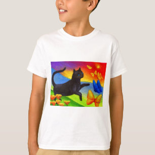 Camiseta Arte das borboletas da pintura do gato preto -