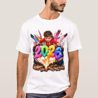 Camiseta Arte de Adesivo de Ano Novo Colorido e Ousado de 2