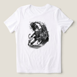 Camiseta Arte de Anime Girl Escura com Gato Gigante