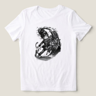 Camiseta Arte de Anime Girl Escura com Gato Gigante